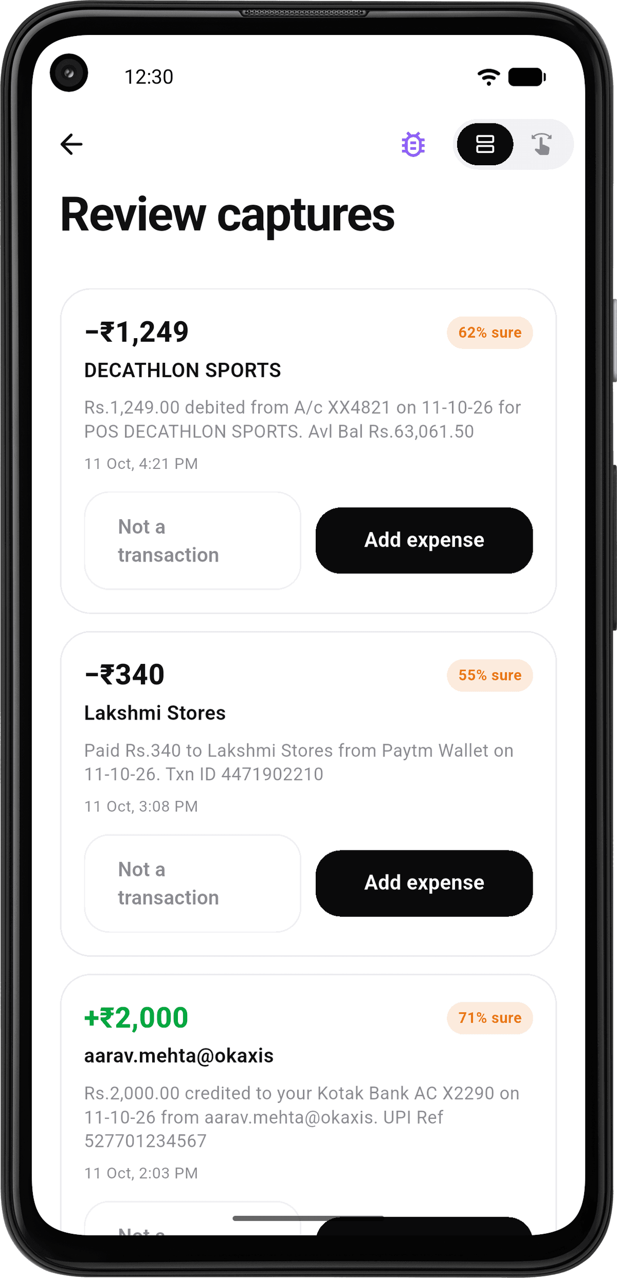 The review queue, showing a captured bank message waiting to be confirmed as a transaction.