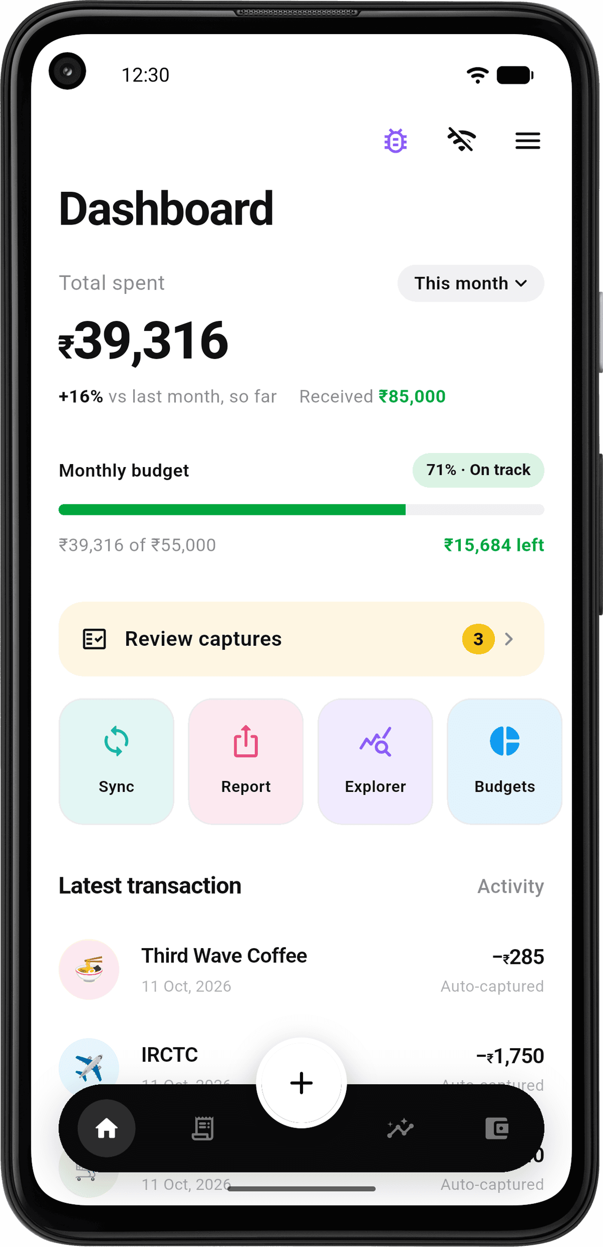 The Skimp dashboard: total spent this month, the monthly budget, and recent transactions captured from bank SMS.