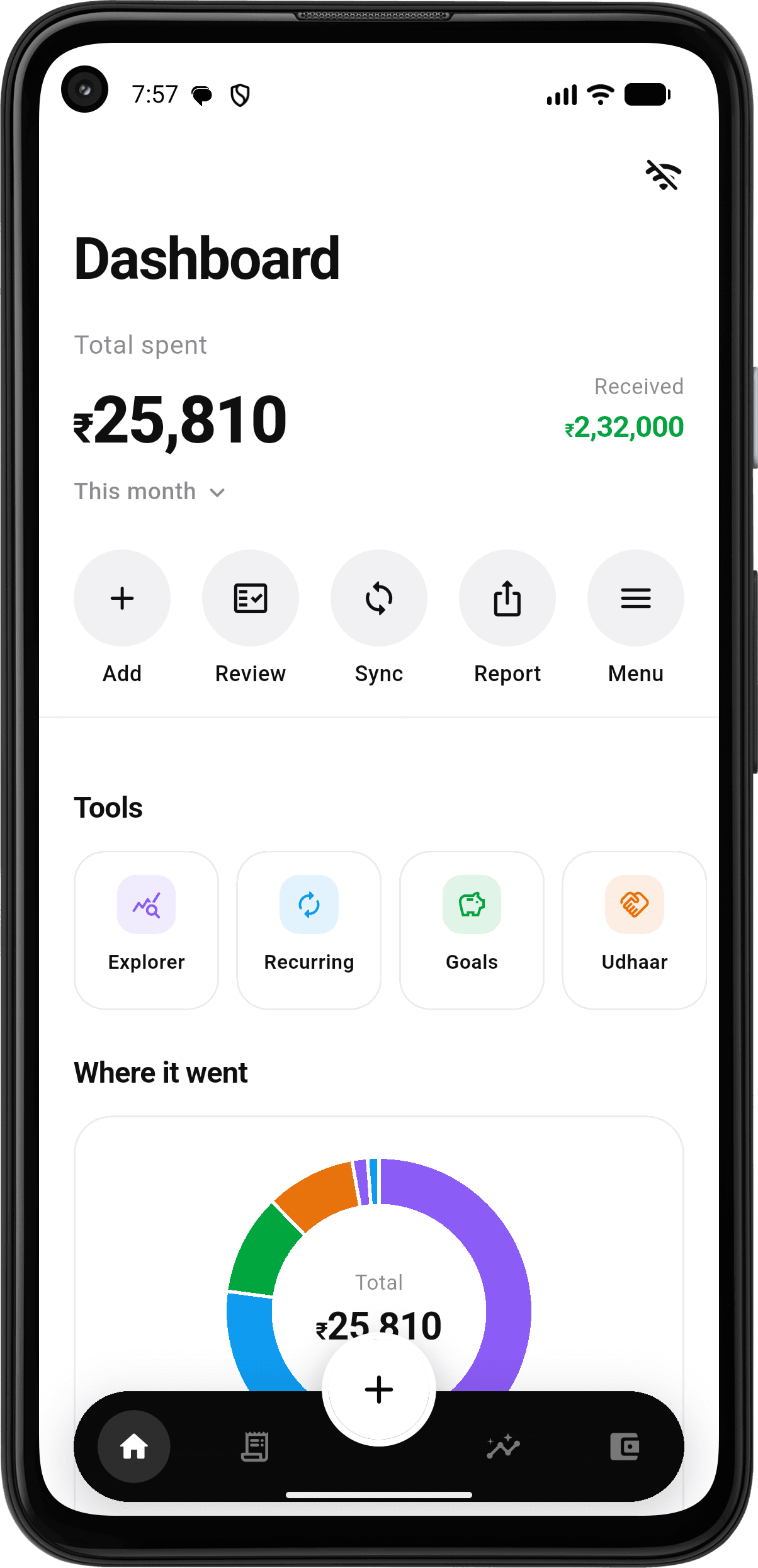 The Skimp dashboard: total spent this month, a category breakdown, and recent transactions captured from bank SMS.